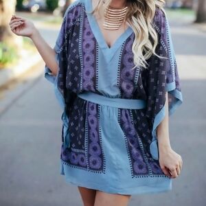 Free People Santa Cruz Light and Dark Blue Tunic Dress Oversized Top Size Small